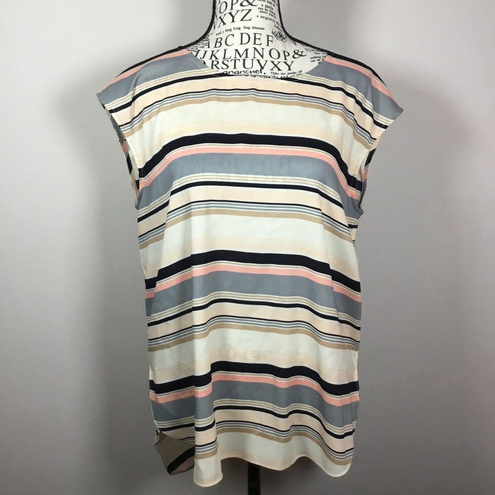 Floaty sleeveless top horizontal peach white black blue stripes summer casual S